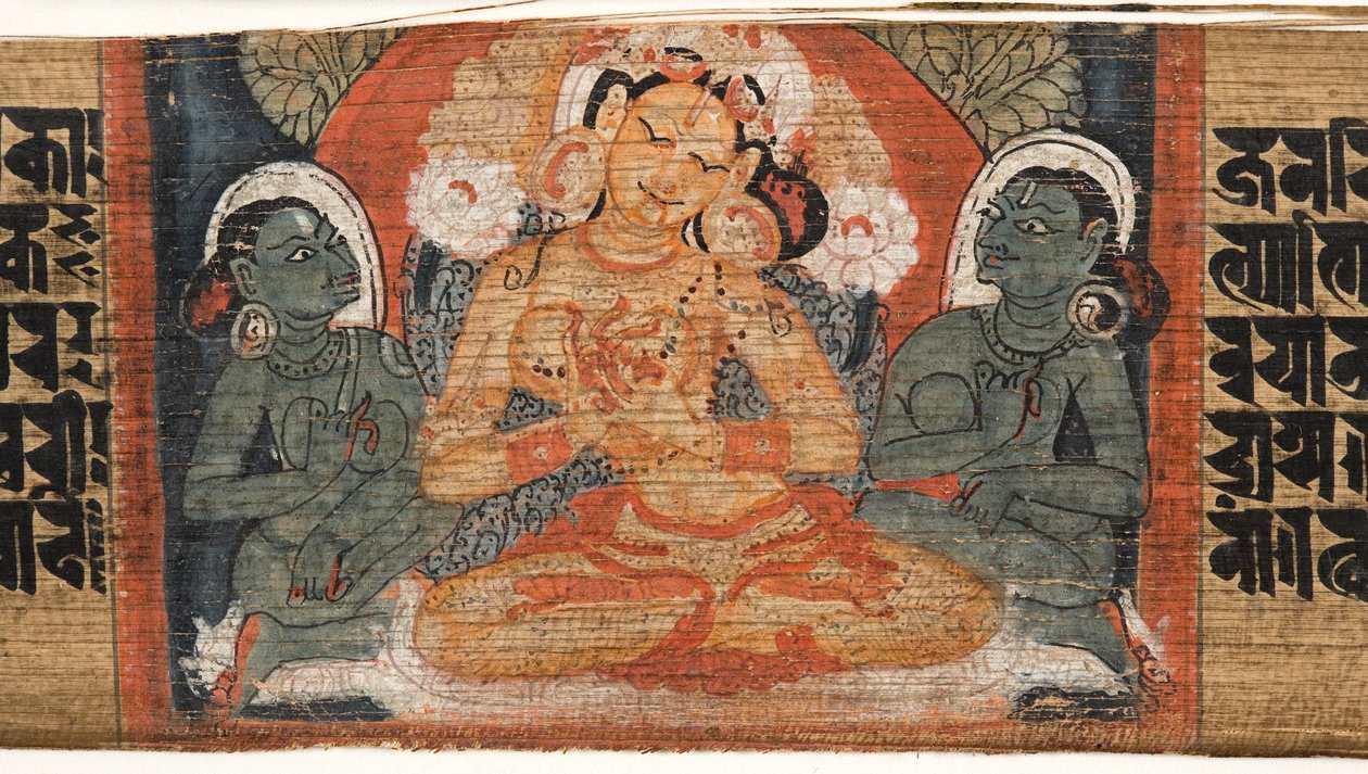 Folio 2r Goddess Prajnaparamita, från Astasahasrika Prajnaparamita (bläck & färger på palmblad och trä) (detalj av 430760) av Nepalese School