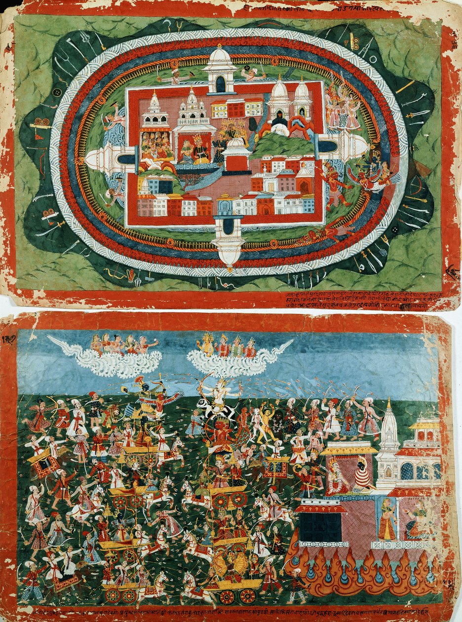Krishna attackerar det ointagliga slottet Prag-jyoshita, för att återställa Aditi-ringarna, ca. 1775 av Nepalese School