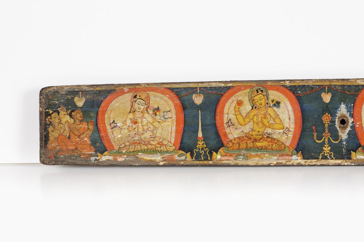 Manuskript av De fem skydden, bakre omslag, 1138 (ogenomskinlig wc och bläck på trä) av Nepalese School