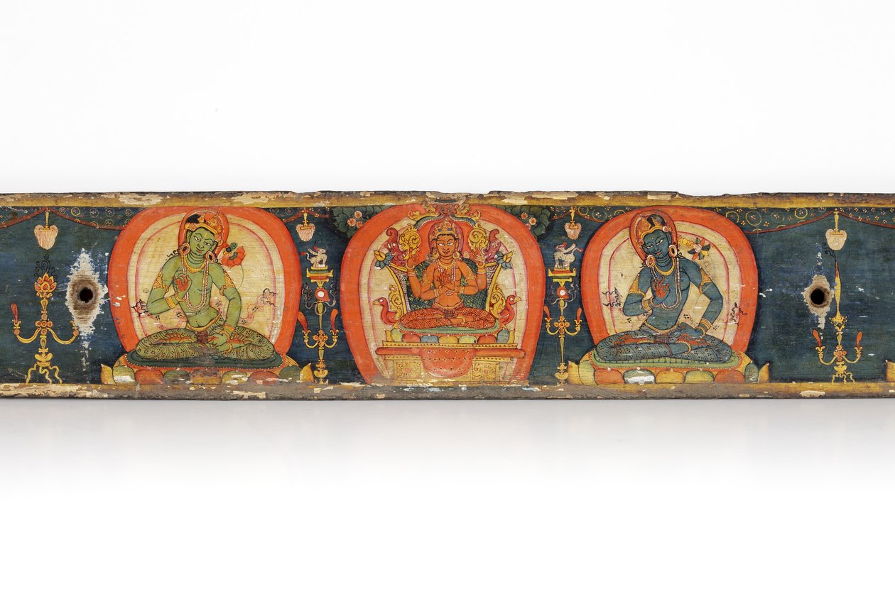 Manuskript av De fem skydden, bakre omslag, 1138 (ogenomskinlig wc och bläck på trä) av Nepalese School