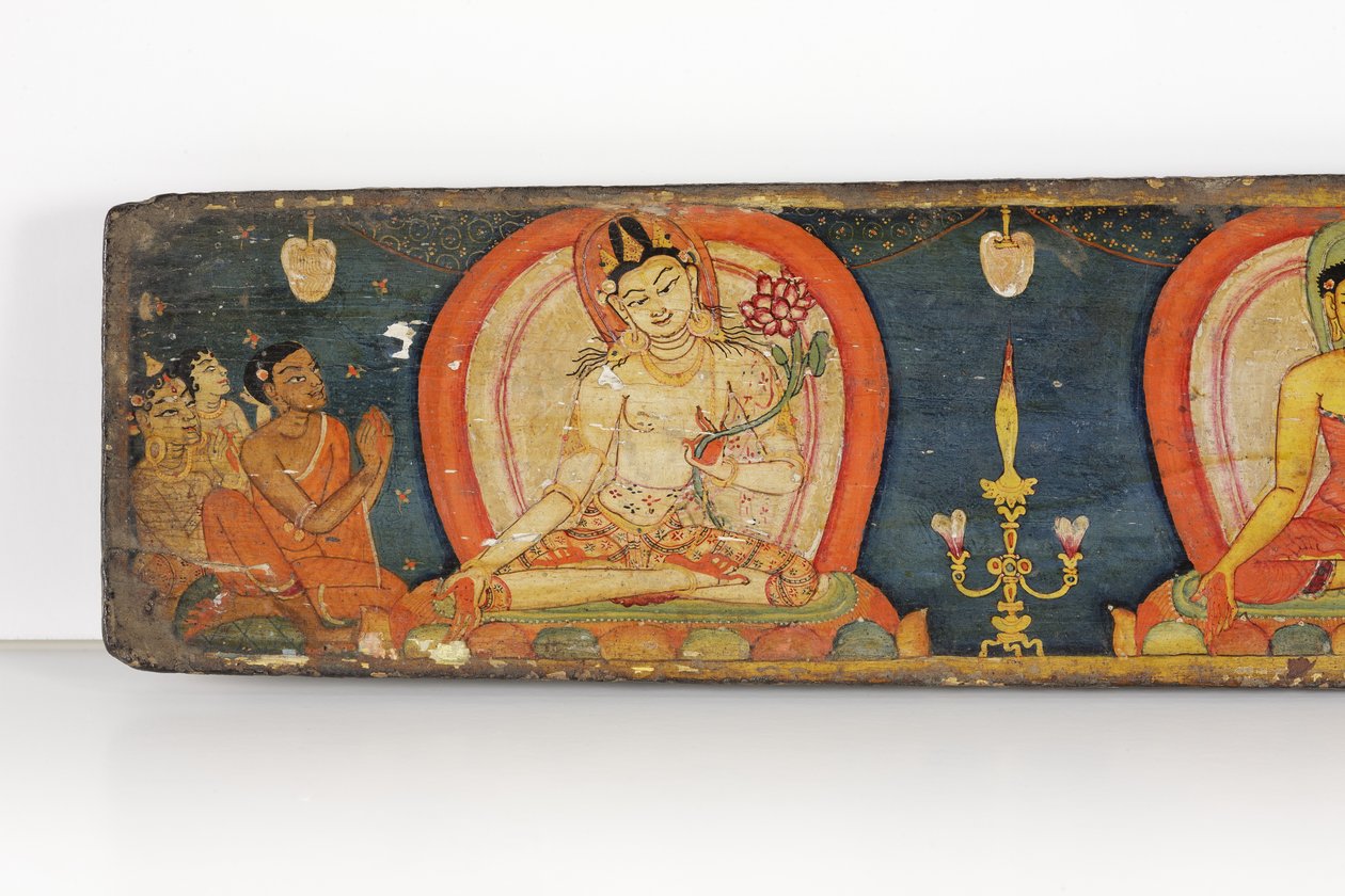 Manuskript av De fem skydden, främre omslaget, 1138 (ogenomskinlig wc och bläck på trä) av Nepalese School