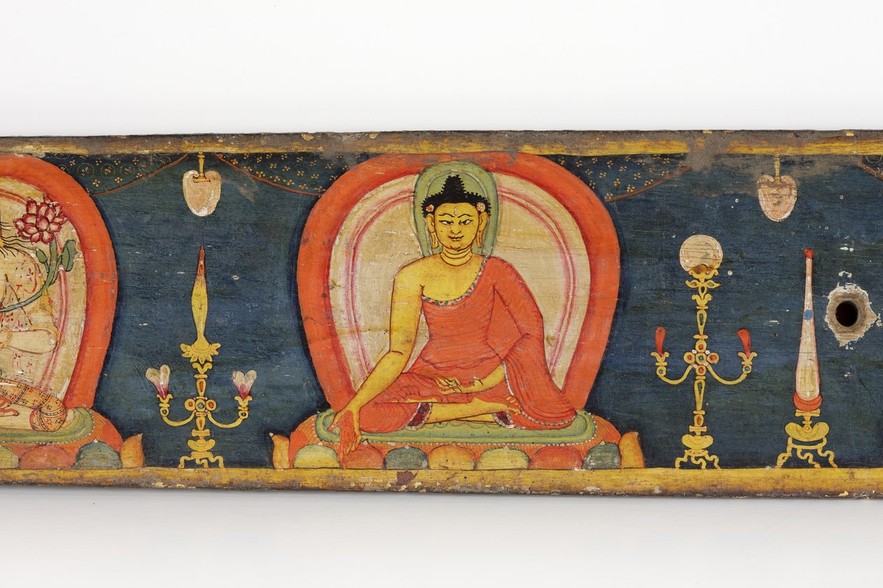 Manuskript av De fem skydden, främre omslaget, 1138 (ogenomskinlig wc och bläck på trä) av Nepalese School