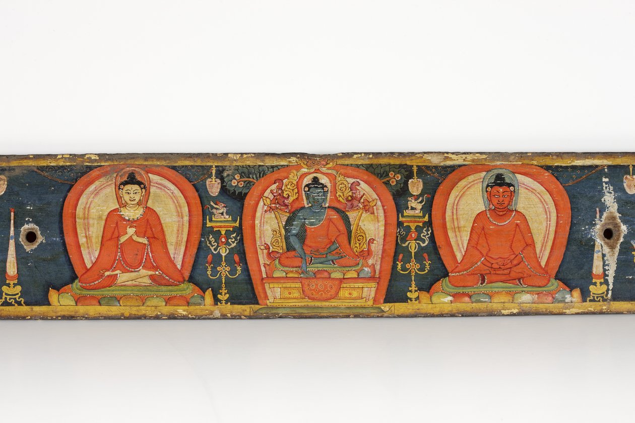 Manuskript av De fem skydden, främre omslaget, 1138 (ogenomskinlig wc och bläck på trä) av Nepalese School
