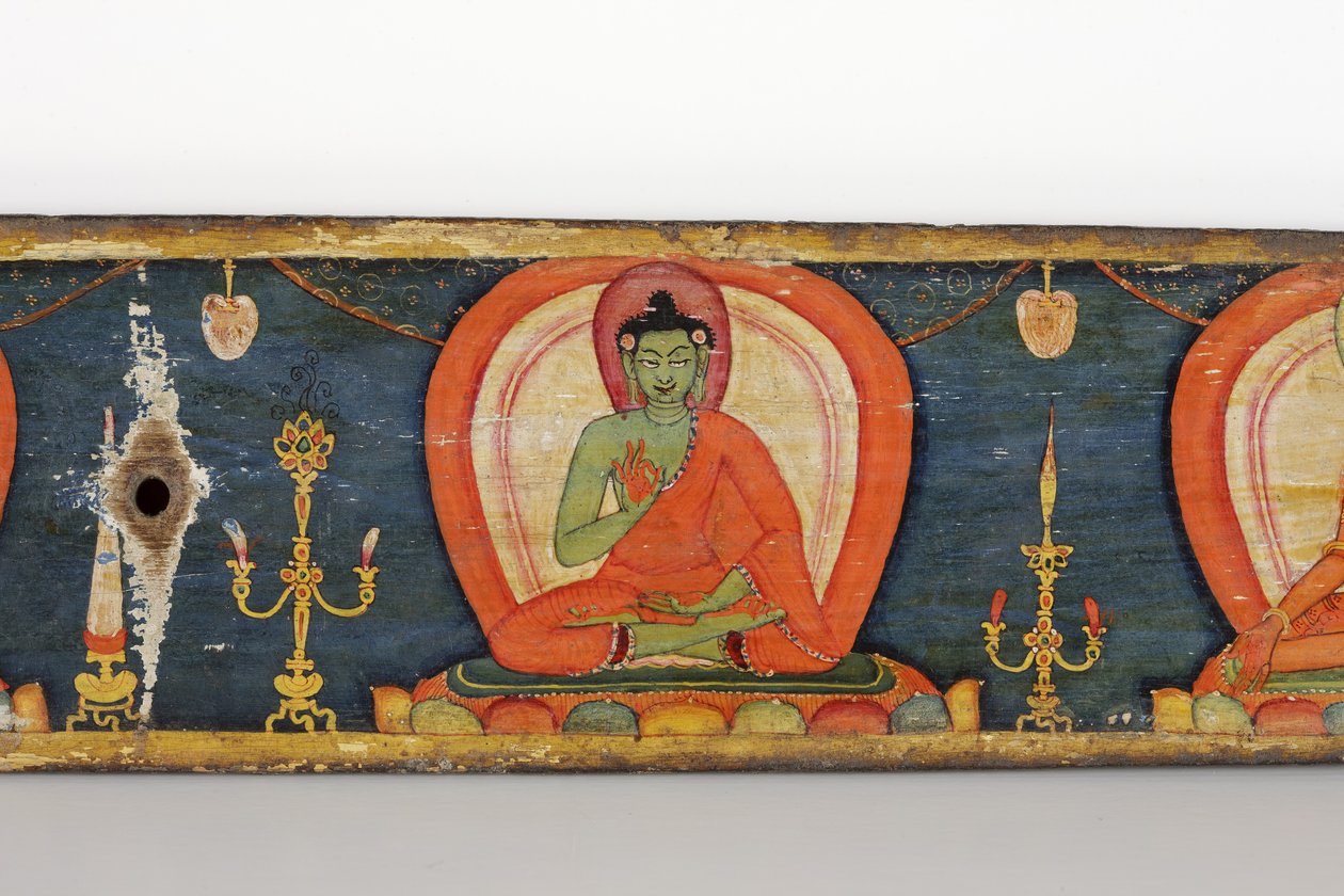 Manuskript av De fem skydden, främre omslaget, 1138 (ogenomskinlig wc och bläck på trä) av Nepalese School