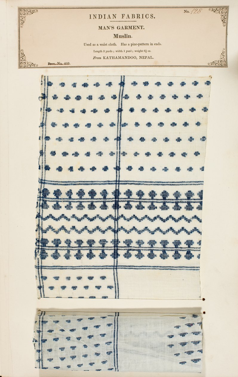 Muslinprov från Kathamandoo i Nepal, från The Collection of the Textile Manufacturers of India, av John Forbes Watson, publicerad 1866 av Nepalese School