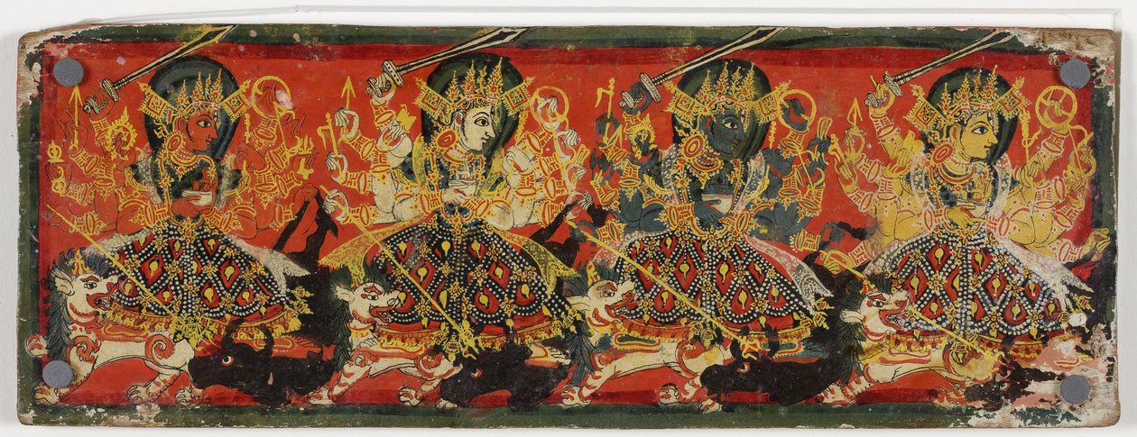 En av ett par manuskriptomslag som föreställer Devi som de åtta mödrarna (wc på trä) av Nepalese School