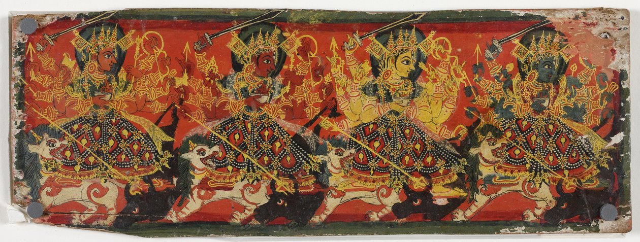 En av ett par manuskriptomslag som föreställer Devi som de åtta mödrarna (wc på trä) av Nepalese School