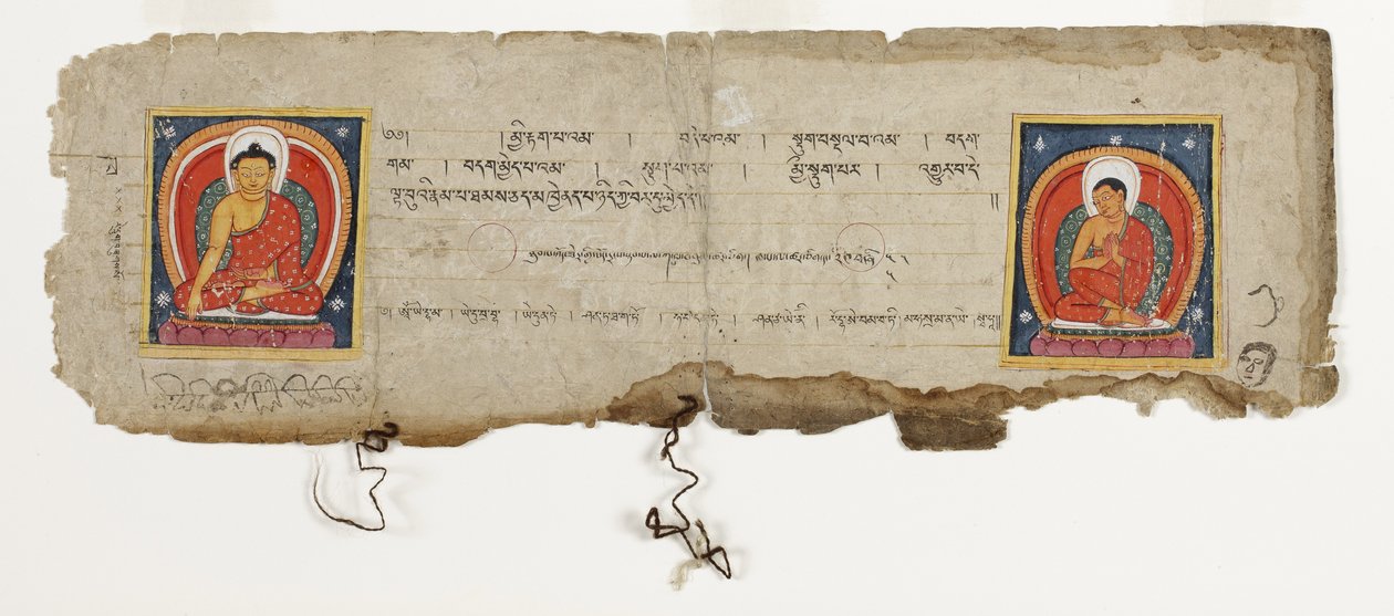 Sida från ett buddhistiskt manuskript, möjligen från Mahashitalanika, ca 1400 (ogenomskinlig wc & bläck på papper) av Nepalese School