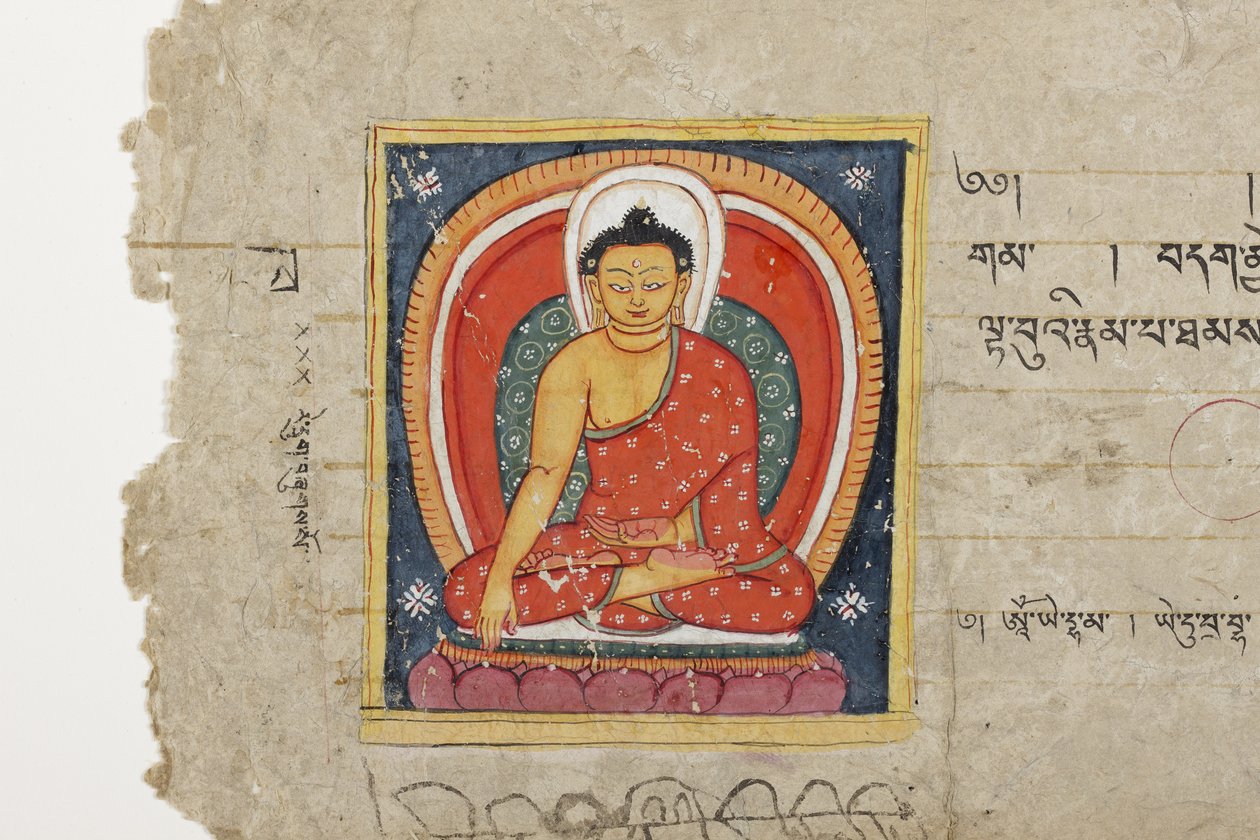 Sida från ett buddhistiskt manuskript, möjligen från Mahashitalanika, ca 1400 (täckande akvarell och bläck på papper) av Nepalese School
