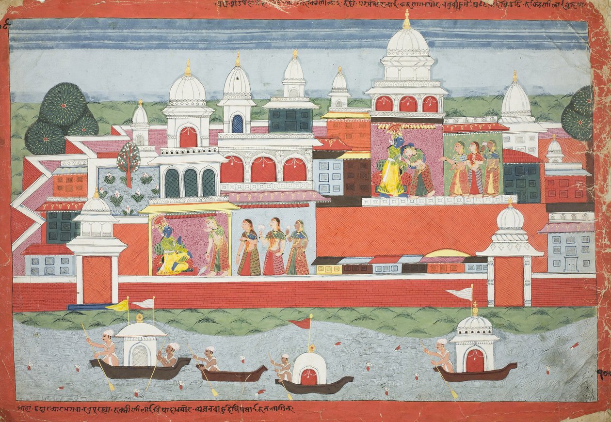 Rukmini söker Krishnas tillåtelse att besöka sin bror Rukma, sida från ett manuskript av Bhagavata Purana, ca 1775 av Nepalese School