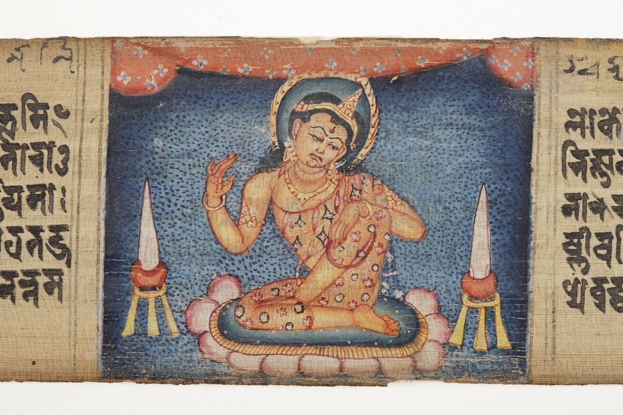 Sittande Bodhisattva, från Gandavyuha (ogenomskinlig wc & bläck på palmblad) av Nepalese School