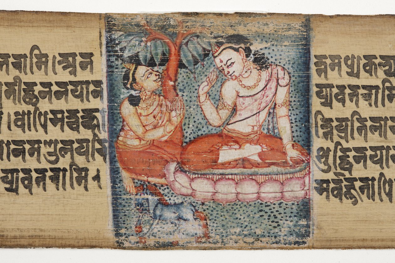 Sudhana knäböjer framför en bodhisattva, från Gandavyuha (ogenomskinlig wc och bläck på palmblad) av Nepalese School