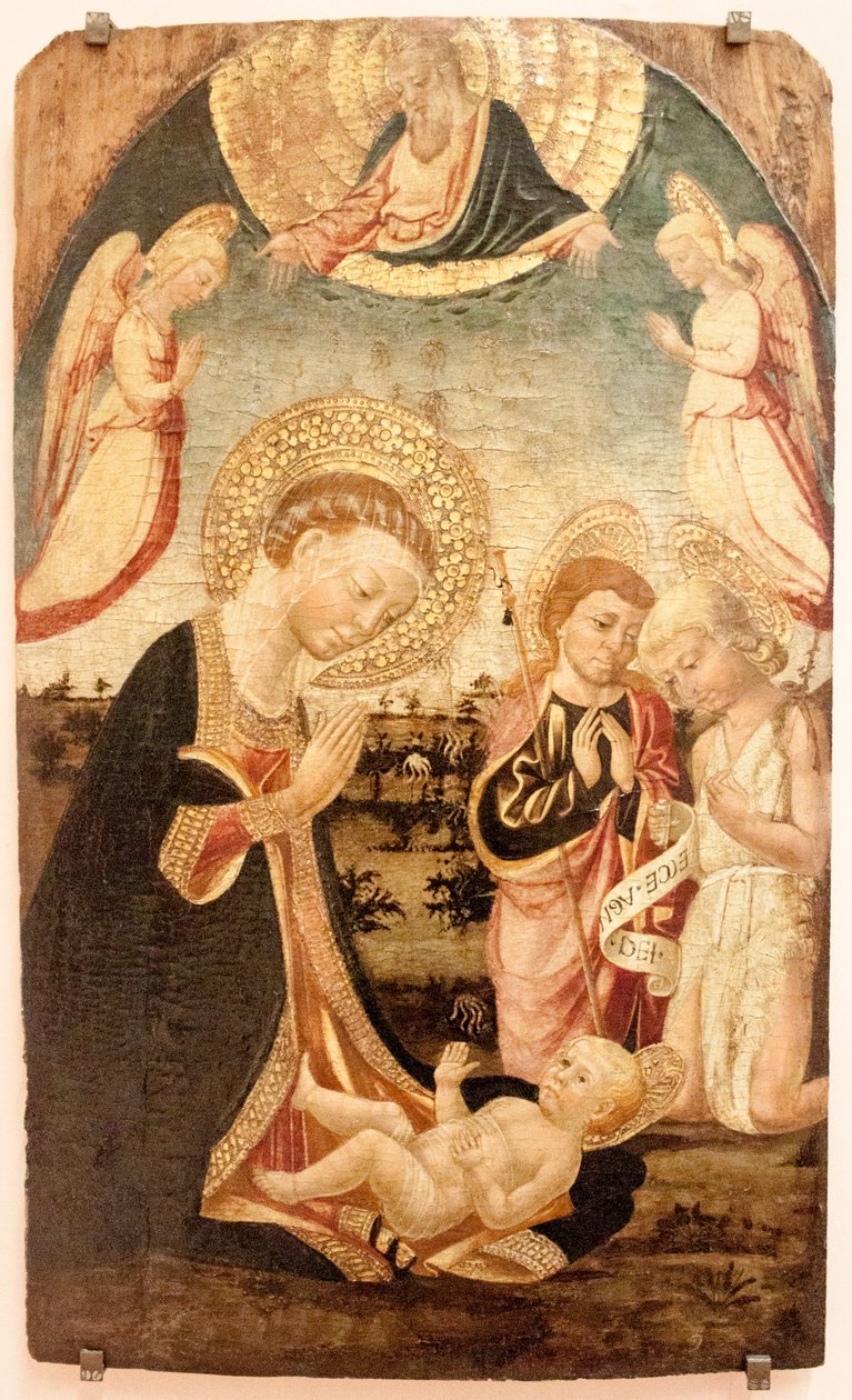 Tillbedjan av barnet med jungfrun, San Giovannino, San Jacopo Maggiore, änglar och Gud Fadern av Neri di Bicci