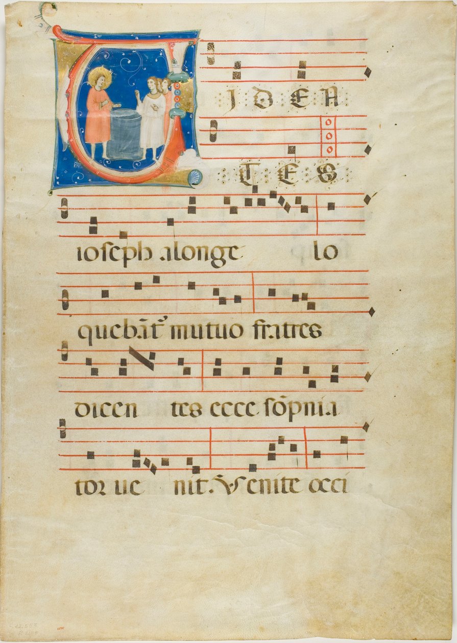 Joseph och hans bröder vid brunnen, initial V från ett antifonarium av Neri da Rimini