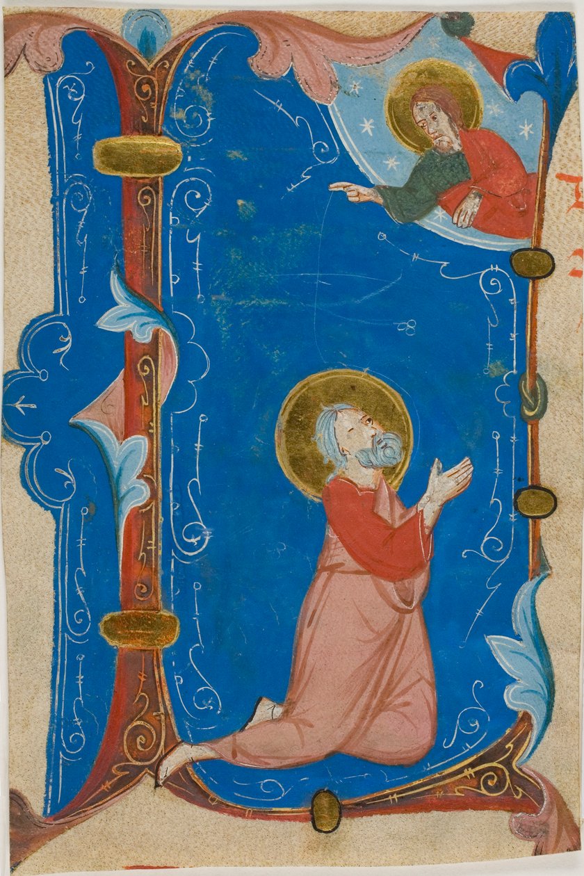Ber Saint (Moses?) med Kristus i ett historiskt initialt "L", från en körbok av Neri da Rimini