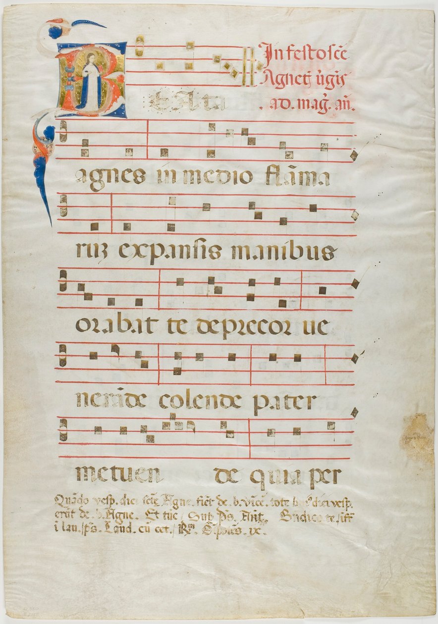 Saint Agnes i ett historiskt initialt "V" från ett antifonarium av Neri da Rimini