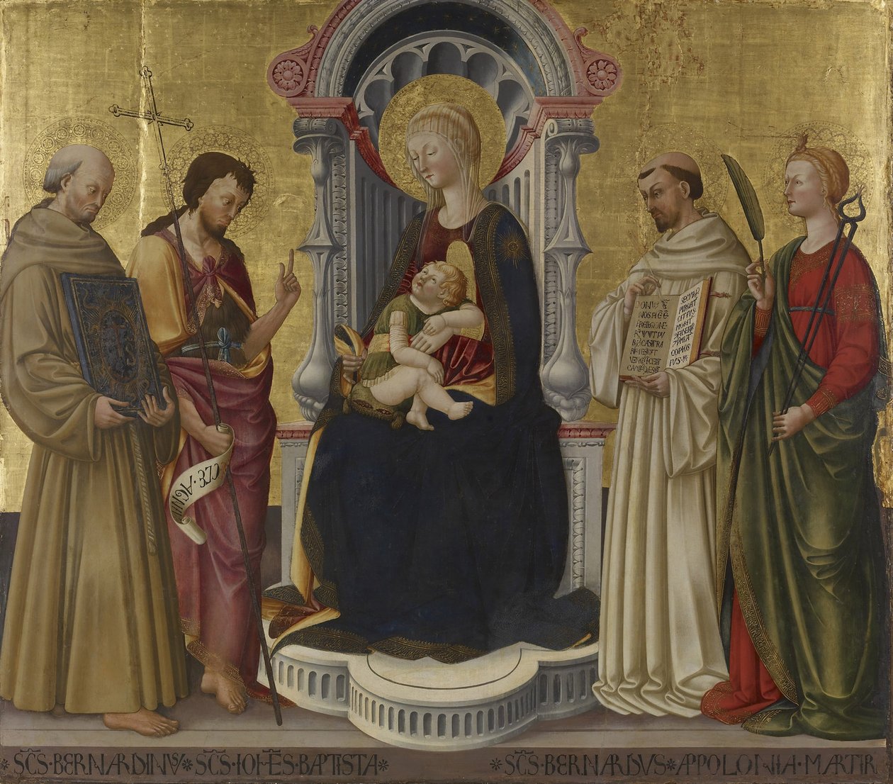 Jungfru och barn tronade med fyra heliga, ca 1450 (tempera och guld på panel) av Neri di Bicci