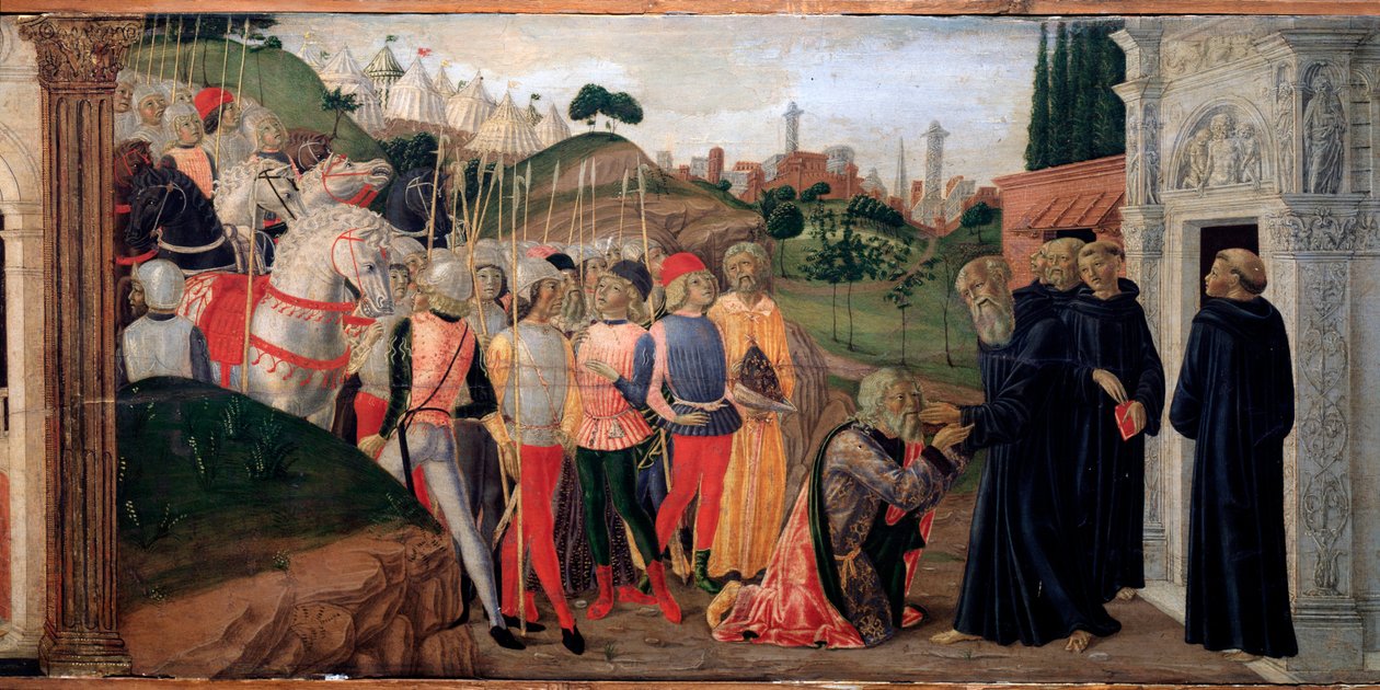 Totila, östgoternas kung på besök hos Benedikt av Nursia - Detalj av Predelle, ca. 1470 av Neroccio di  Landi