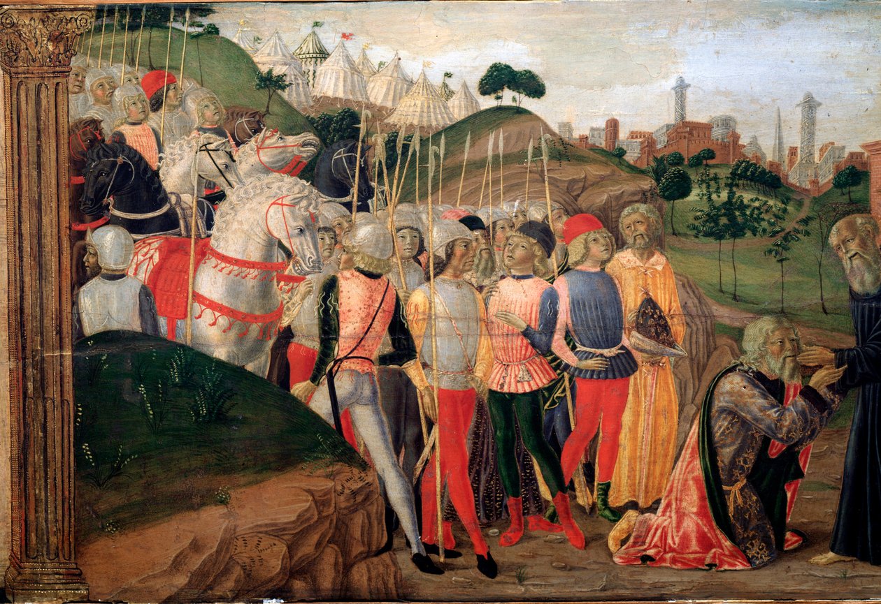 Totila, östgoternas kung på besök hos Benedikt av Nursia - Detalj av Predelle, ca. 1470 av Neroccio di  Landi