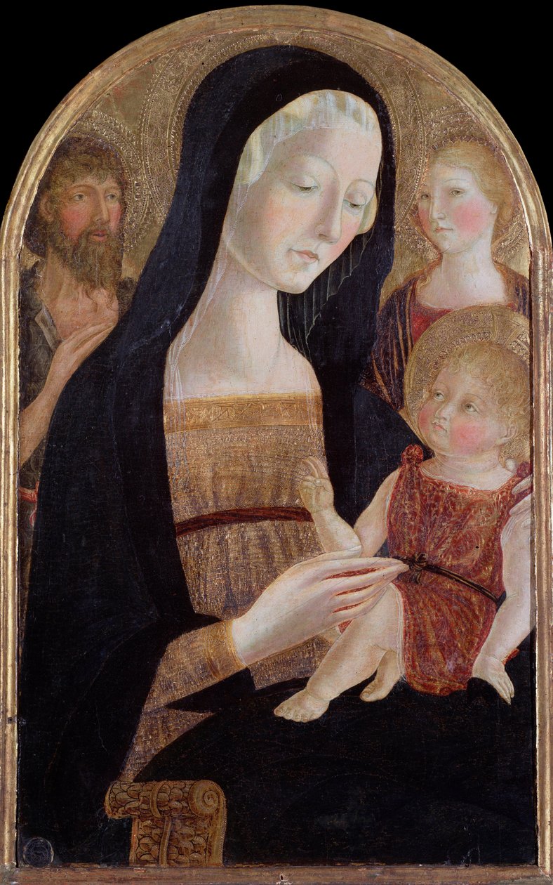 Jungfru med barn och helgonen Johannes Döparen och Maria Magdalena - Målning, cirka 1470 av Neroccio di  Landi