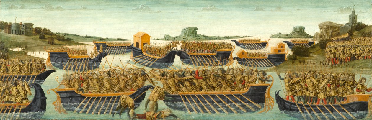 Slaget vid Actium, ca 1475-1480 (tempera och bladguld på panel) av Neroccio di Landi