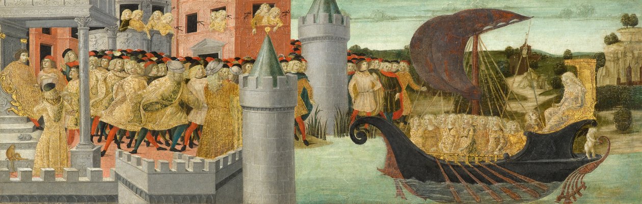 Cleopatras besök hos Antonius, ca 1475-1480 (tempera, guld och silverbly på panel) av Neroccio di Landi