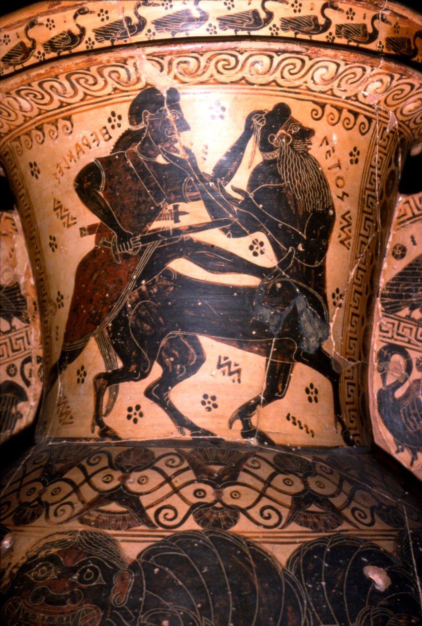 Hercules och kentauren Setos, Detalj av grekisk kruka, Corinthian, c7th århundradet f.Kr. av Nessos Painter