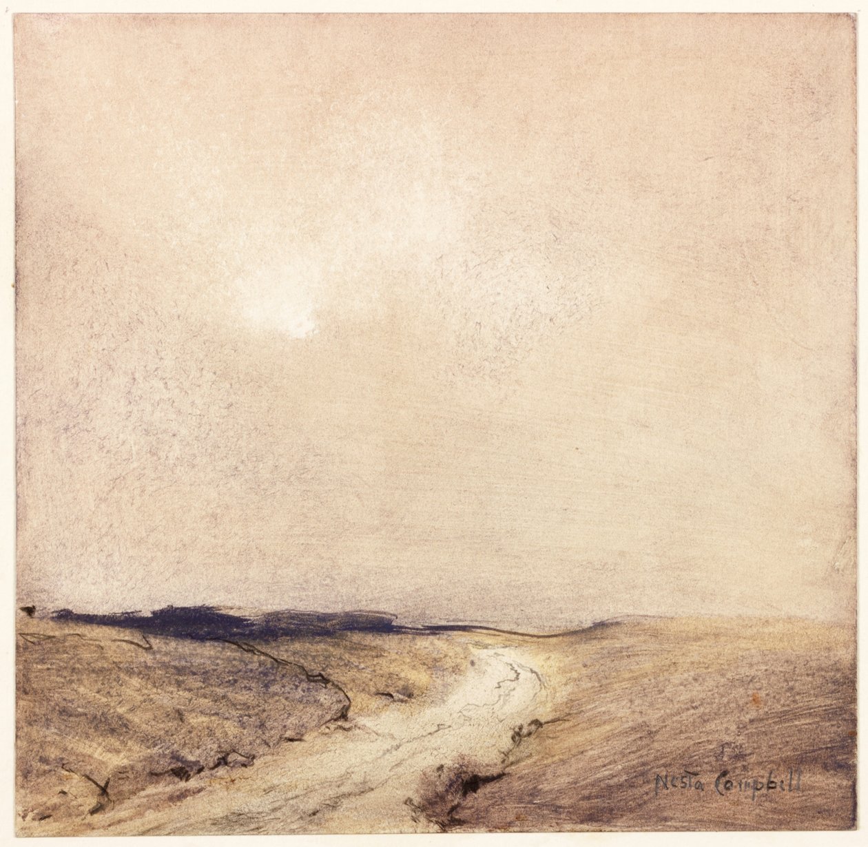 Yorkshire Moorland (penna och akvarell på papper klistrade på kort) av Nesta Jennings Campbell
