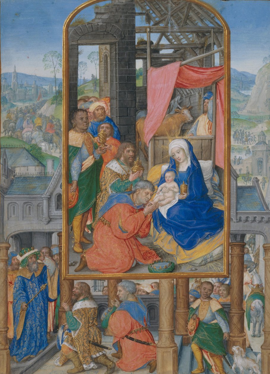 Manuskriptbelysning med magernas tillbedjan, ca 1515-25 (tempera, bläck och guld på pergament) av Netherlandish School