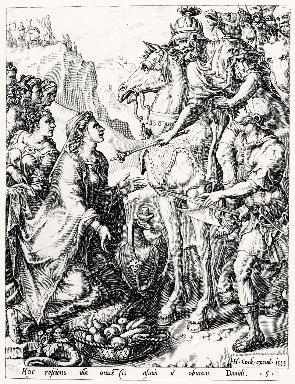 Offret av Abigail till kung David, graverat av Hieronymus Cock (ca 1510-70) 1555 av Netherlandish School
