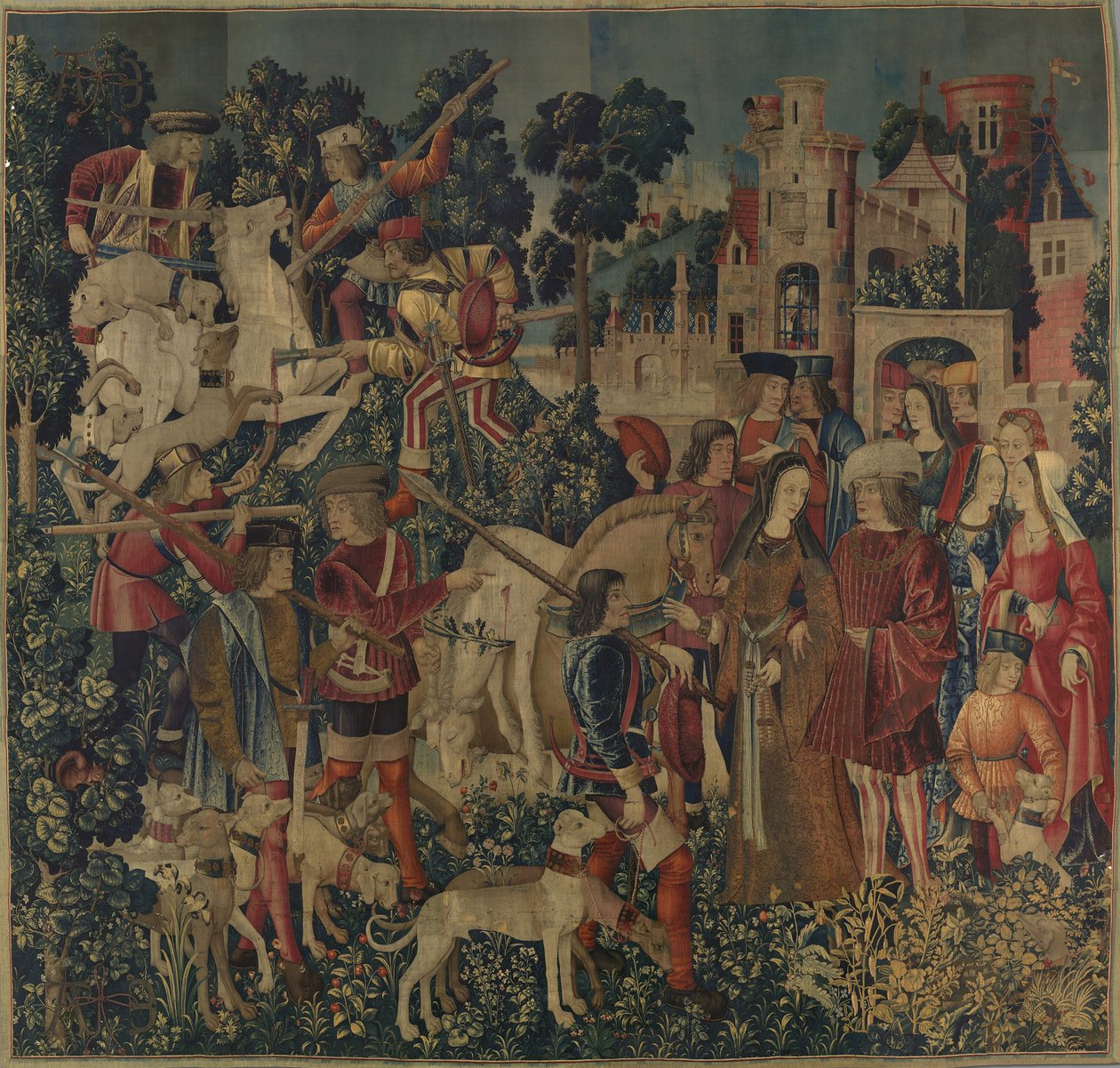 Enhörningen dödas och förs till slottet, ca 1500 (ullvarp med ull, siden, silver och förgyllda inslag) av Netherlandish School