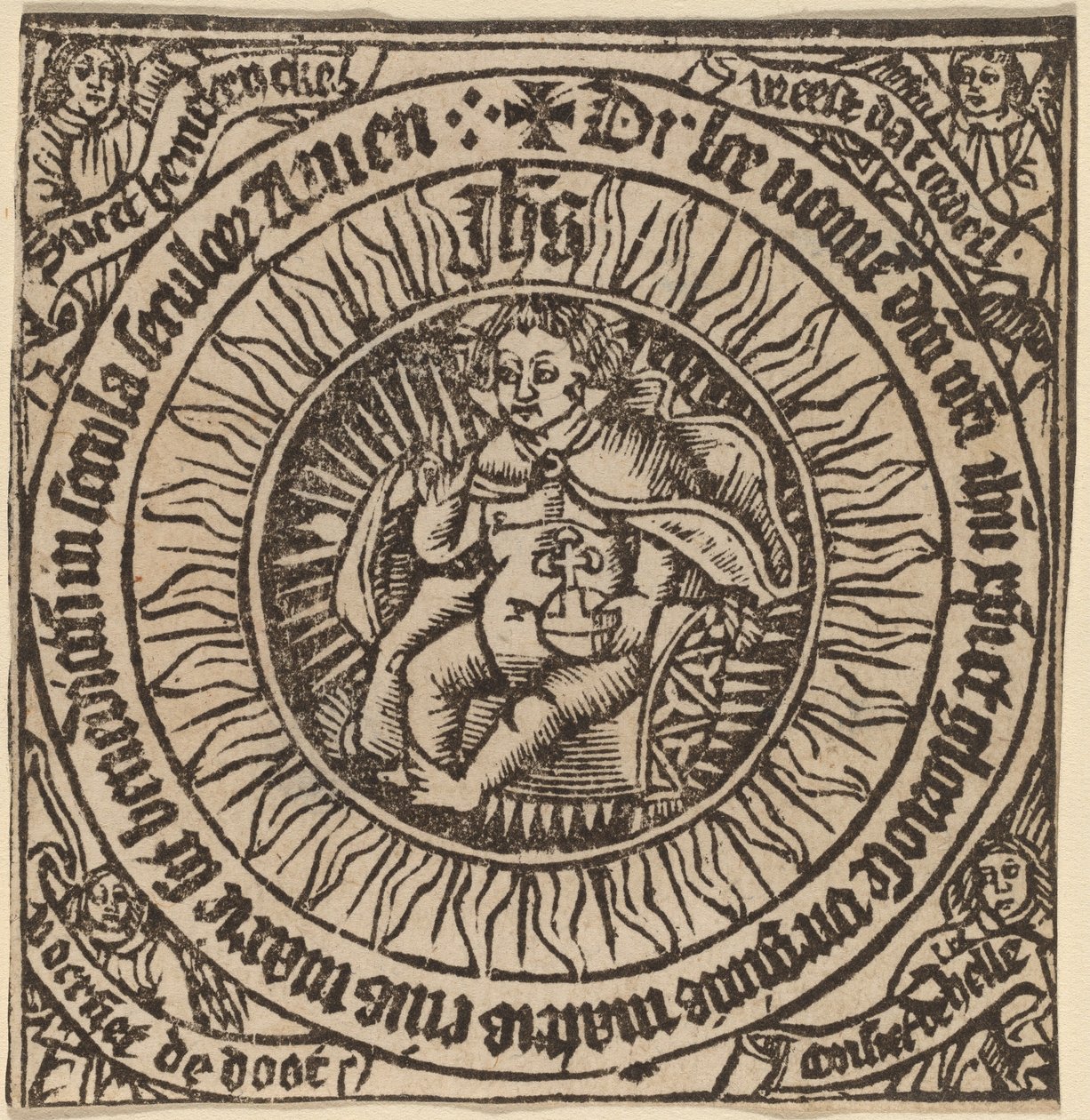 Gudomligt spädbarn med globen i en cirkel med fyra änglar av Netherlandish 15th Century