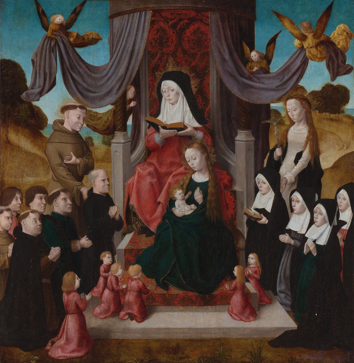 Jungfrun och barnet med den heliga Anne Anna Selbdritt, de heliga Franciskus, Lidwina och givare, ca. 1490-1 av Netherlandish Master
