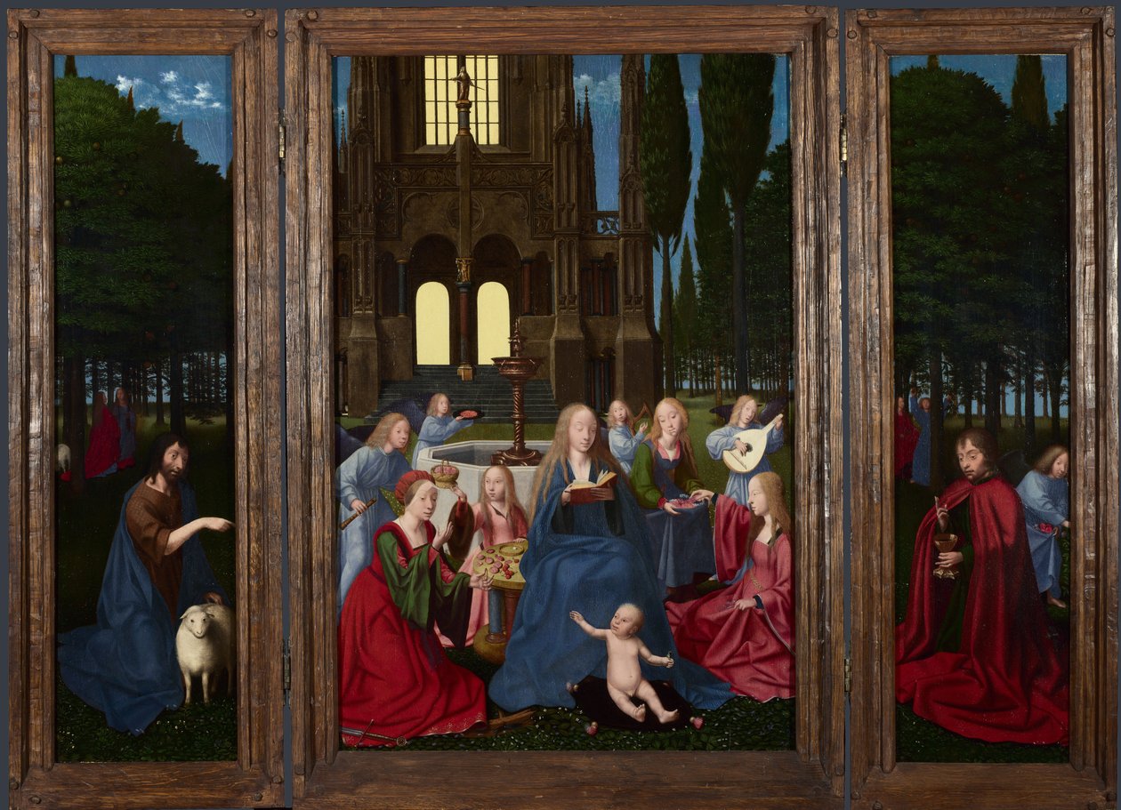 Jungfrun och barnet med heliga och änglar i en trädgård, ca. 1500 av Netherlandish Master