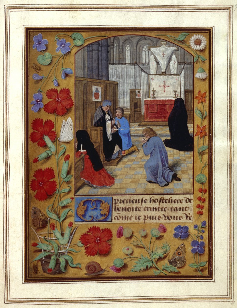 Lägg till. 25698, f.9 Fasta och bön i kyrkan, illustration från en "Tidsbok", ca 1492 (bläck & färg på veläng) av Netherlandish School