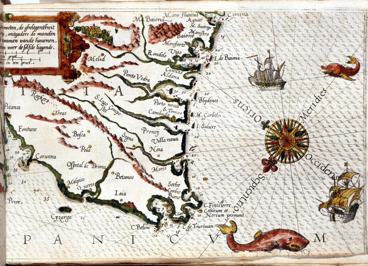 Cape Finisterre efter Luca J. Waghenaers portulan tresoor de zeevaert, Leiden 1592 av Netherlandish School