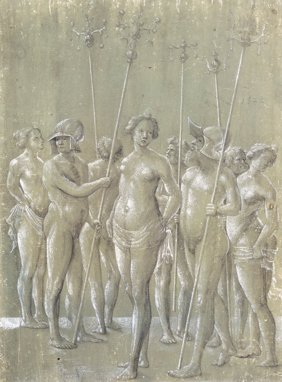 Fem nakna soldater som håller stolpar, två bär hjälm och tre nakna kvinnor, 1522 av Netherlandish School