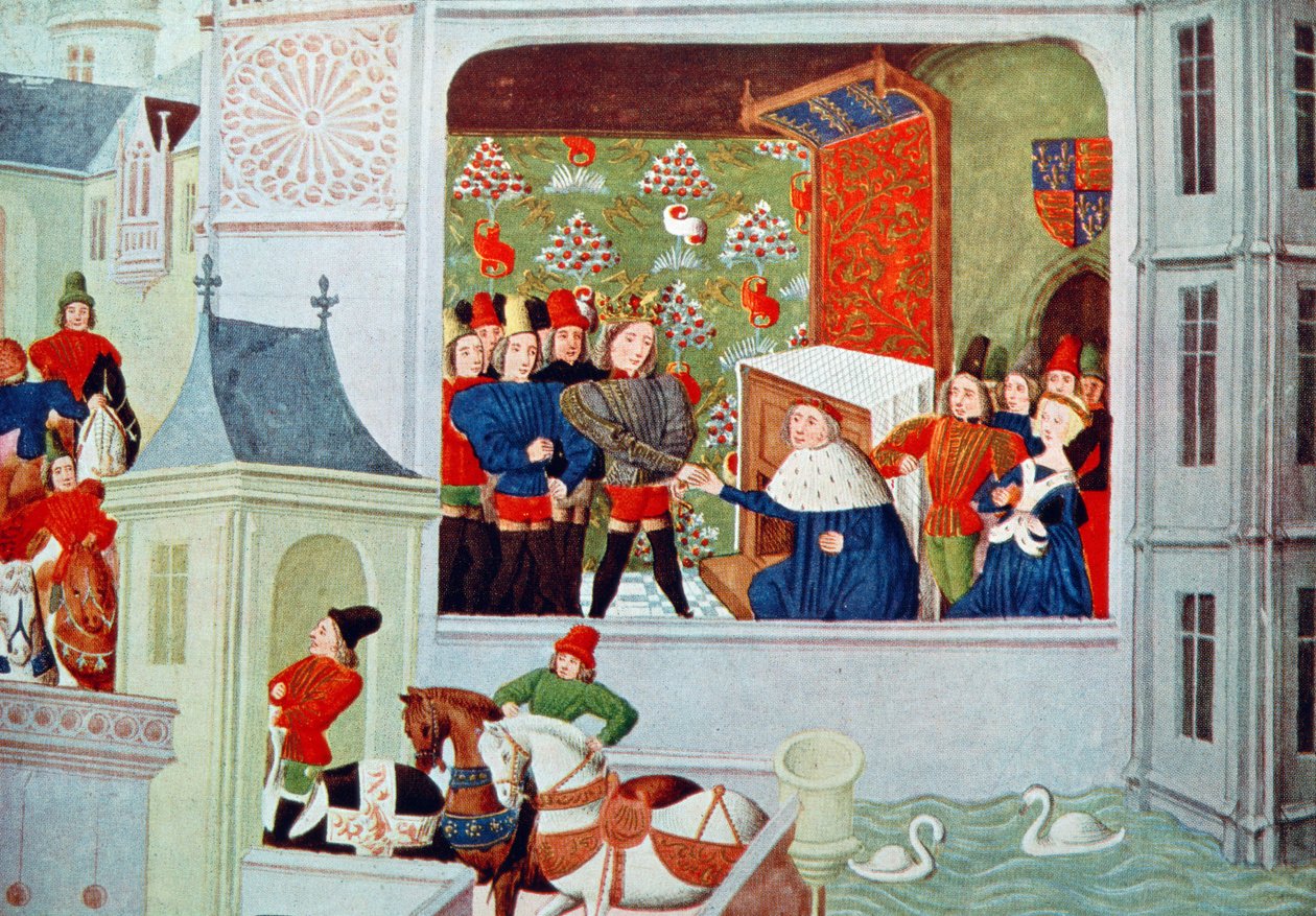 Harl 4380 f.117 Intervju av Richard II och hertigen av Gloucester i Pleshy Castle, från 