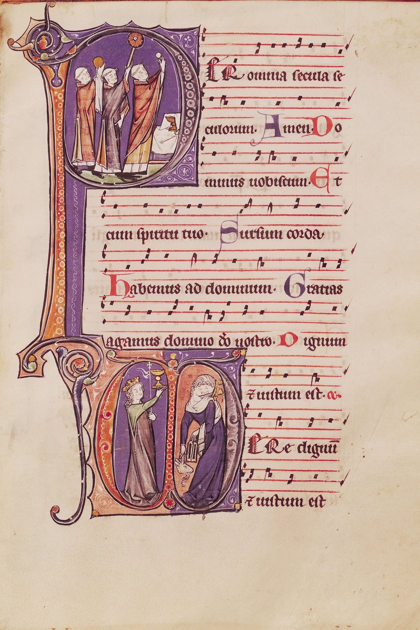 Historiska initialer P som visar värdens höjd och D som visar kyrkan och synagogan, från ett missal från St. Peter den stores kloster. av Netherlandish School