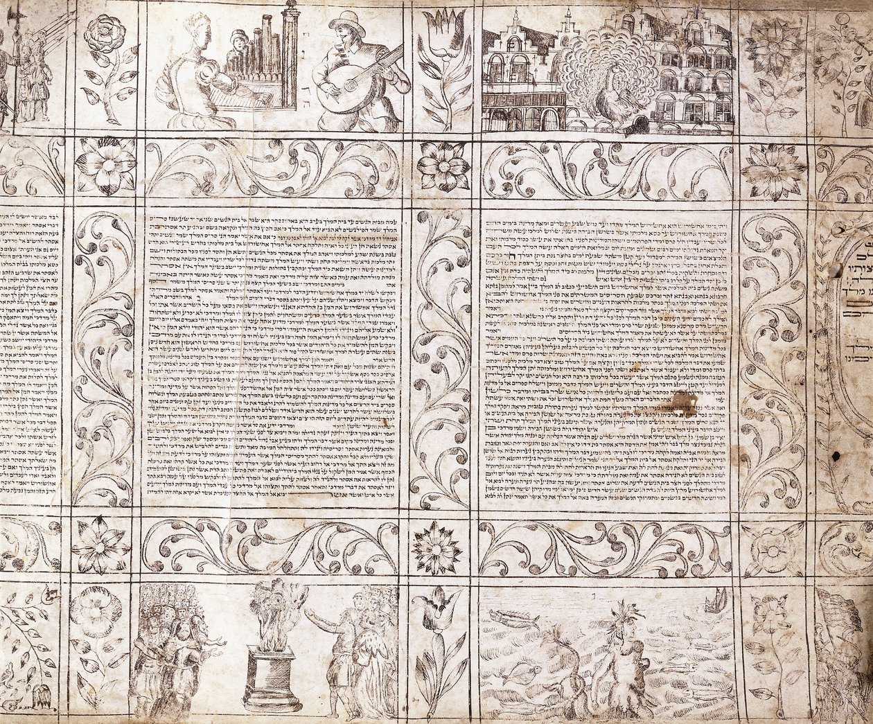 Upplyst manuskript i sefardisk skrift, som visar scener av holländskt liv och Bibeln med blomkartuscher, 1600-talet av Netherlandish School