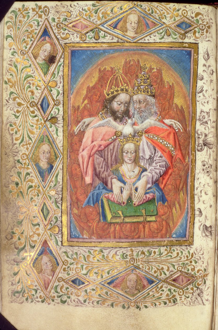 Ms 137 f.138v Treenigheten med jungfrun, från den eviga vishetens timmar, c.1470-80 av Netherlandish School