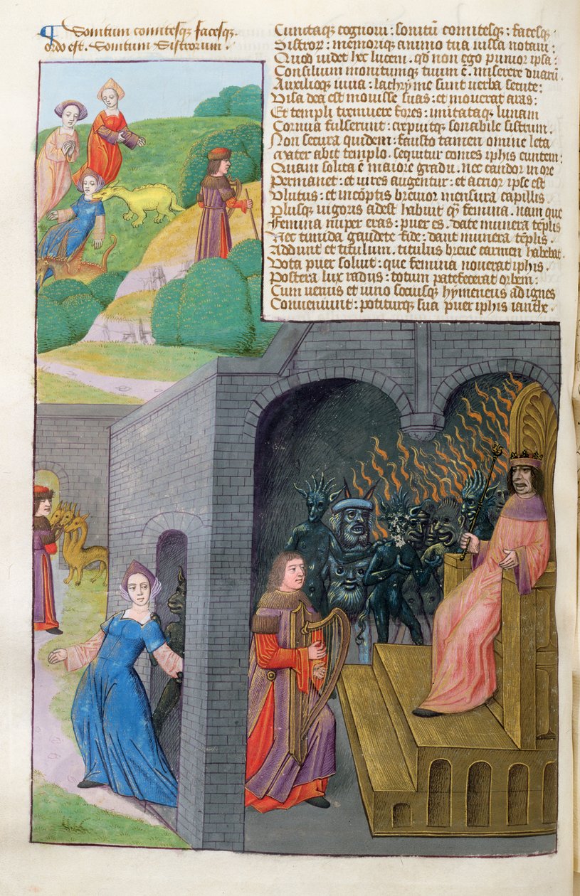 Ms 324 f.101 v. Orpheus och Eurydice, Cerberus och Pluto, från Metamorphoses 10 av Ovid, 1479 av Netherlandish School