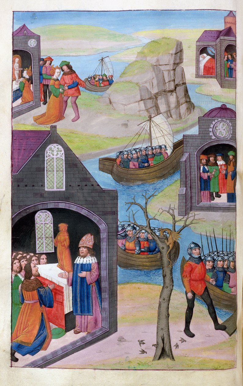 Ms 324 f.118 v. Heenbas dröm. Paris och Helen. Calchas förklarar underbarn, från Metamorphoses 12 av Ovid, 1479 av Netherlandish School