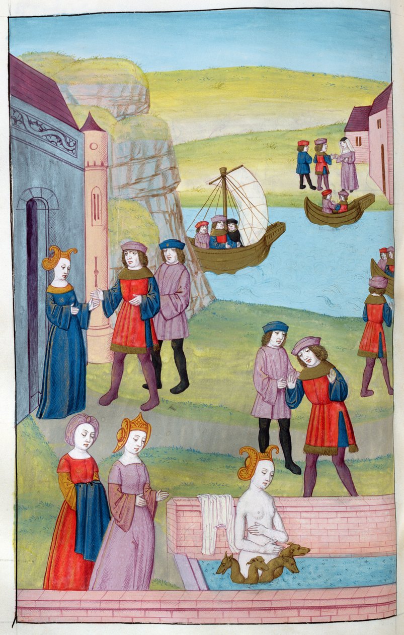 Ms 324 f.137 v. Scylla avvisar Glaucus, Circes kärleksdryck deformerar Scylla, från Metamorphoses 14 av Ovid, 1479 av Netherlandish School