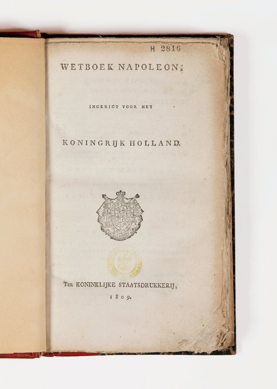 Napoleons kod för kungariket Holland, öppen på titelsidan, publicerad Koninklijke Staatsdrukkerij, 1809 (tryckt papper) av Netherlandish School
