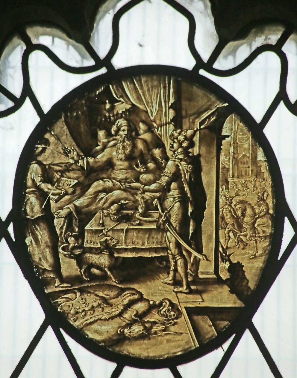 Roundel: Kong Ahasverus med Haman (Esters Bog) swed av Netherlandish School