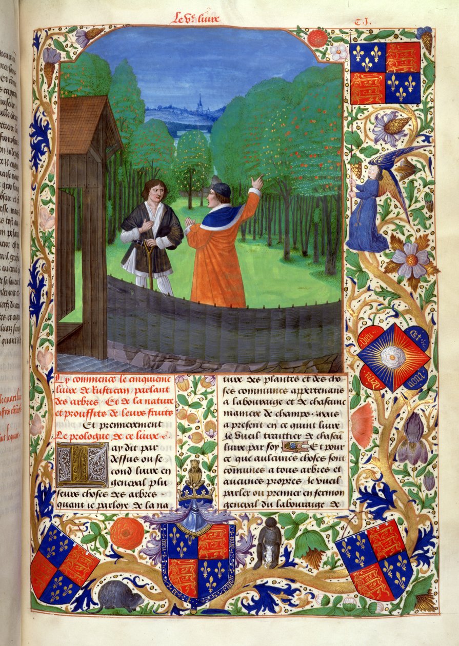 Roy 14 E VI f.110 Författare talar till en trädgårdsmästare i en fruktträdgård, från 