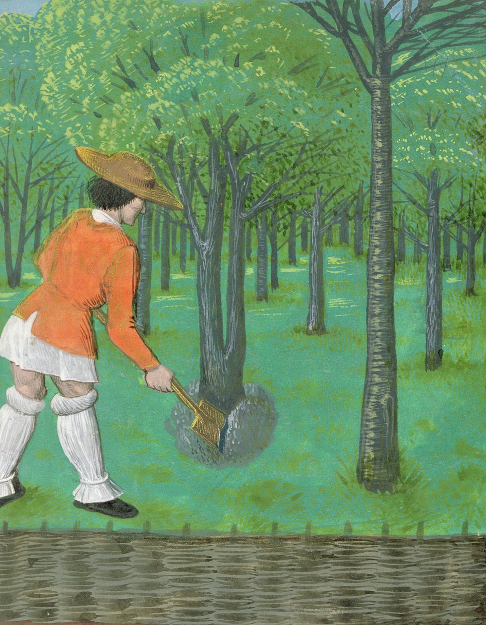 Roy 14 E VI f.28 Man med en spade i en fruktträdgård, från 