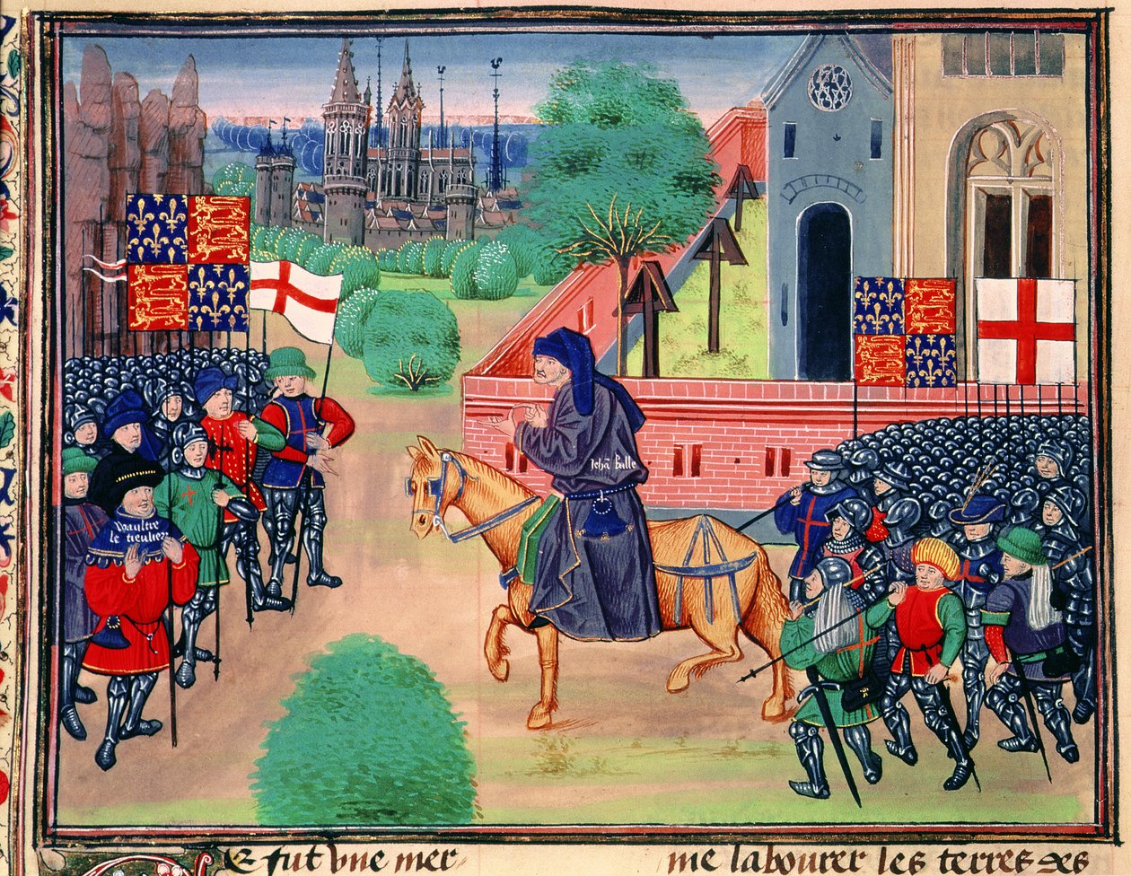 Roy 18 E I f.165v Bondeuppror som visar banderollerna från England och St. George, John Ball visas ledande rebellerna, illustration från 