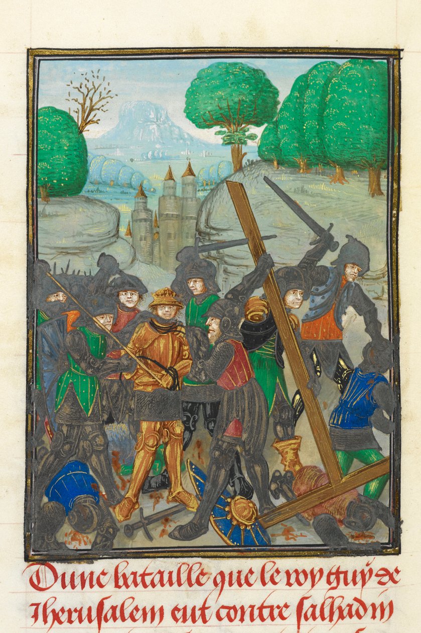 Royal 15 E.I, f.433v Guy de Lusignans nederlag och förlusten av det heliga korset, illustration från 
